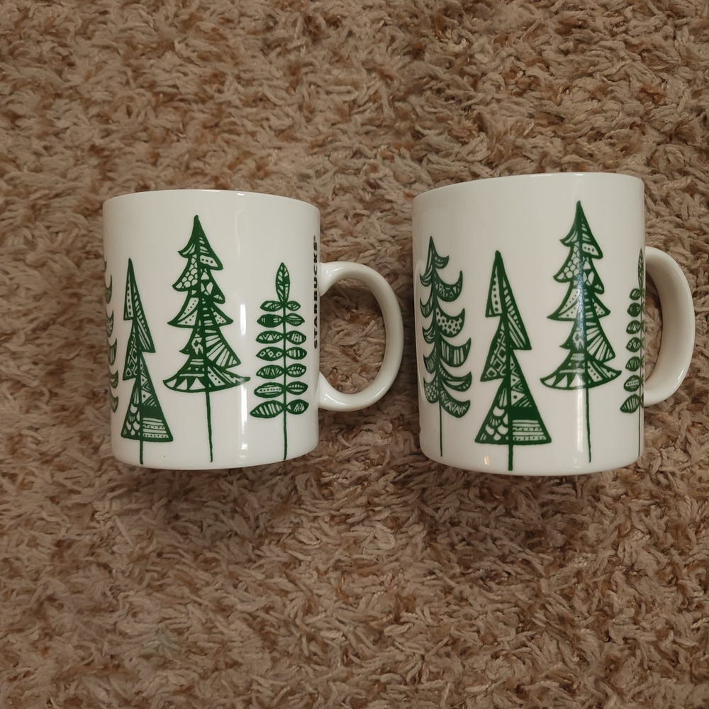Starbucks Coffee Mug Set Unisex 12oz White Green 2015 Holiday Evergreen Trees